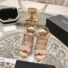 Double C  Xiaoxiang Chain Fabric Head Chunky Heel Sandals Cream Lambskin