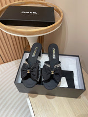 CC HIGH HEEL BLACK SATIN WITH WHITE RHINESTONES