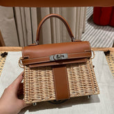 HM KELLY PICNIC HANDBAG IN BROWN & NATURAL LEATHER AND WICKER SILVER HARDWARE