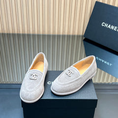 CHANEL 25S TEDDY LOAFER 15MM IN LIGHT GRAY SUEDE SILVER HARDWRE