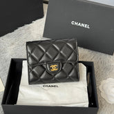 CHANEL 25S CF SMALL TRI FOLD WALLET 11 IN BLACK LAMBSKIN GOLD HARDWARE