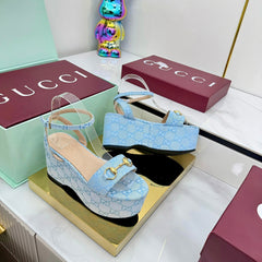 GG WEDGE HEELS IN BLUE FABRIC AND CALFSKIN WITH GOLD HARDWARE STYLE 4