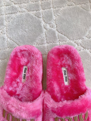 RABBIT FUR SLIPPERS MAGENTA PINK WITH EMBROIDED LOGO