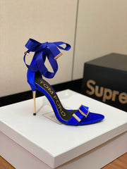 ANKLE SANDAL 10 CM IN COBALT BLUE SILK AND SHEEPSKIN