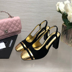 HIGH SLINGBACKS IN BLACK SUEDE AND GOLDEN LAMBSKIN