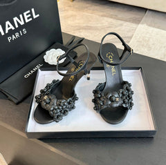 CC Little Camellia World Thin High Sandals Black Lambskin