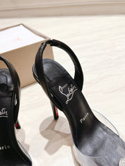 APOSTROPHA SLINGBACK PUMPS IN BLACK CALFSKIN AND CLEAR PVC JEWELED BOW