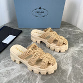 PRADA 25S MONOLITH RUBBER MULES IN BEIGE RAFFIA AND LAMBSKIN