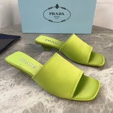 PRADA 25S TRIANGLE HEEL SANDALS 35MM IN LIME YELLOW SATIN