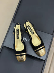 SLINGBACKS IN BLACK SUEDE AND GOLDEN LAMBSKIN