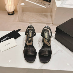 Double C Leather High Heel Sandals Black