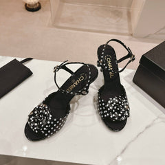 Double C New Camellia High Heel Sandals Black/ White Caro