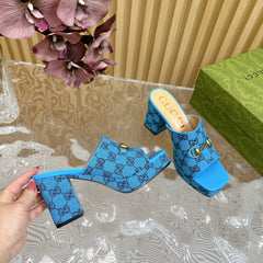 HORSEBIT SLIDE SANDAL IN AZURE BLUE MONOGRAM CANVAS AND SHEEPSKIN LINING