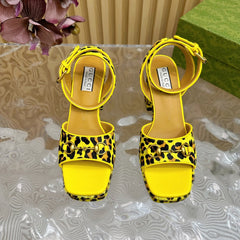 HORSEBIT HIGH-HEEL SANDAL WITH LEOPARD PRINT IN BRIGHT YELLOW VELVET AND CALFSKIN LINING