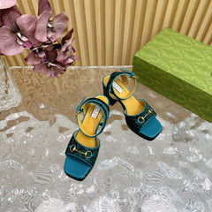 HORSEBIT HIGH-HEEL SANDAL WITH LEOPARD PRINT IN TURQUOISE VELVET AND CALFSKIN LINING