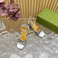 HORSEBIT HIGH-HEEL SANDAL WITH LEOPARD PRINT IN WHITE VELVET AND CALFSKIN LINING