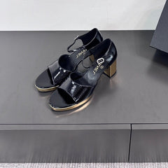 BLOCK HEEL SANDALS BLACK SHEEPSKIN