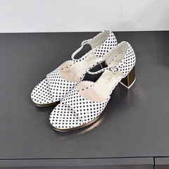 BLOCK HEEL SANDALS WHITE POLKA DOT SHEEPSKIN