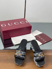 HIGH 6.3 CM WEDGE SANDALS IN BLACK CALFSKIN AND FABRIC