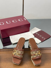 HIGH 6.3 CM WEDGE SANDALS IN BROWN CALFSKIN AND FABRIC