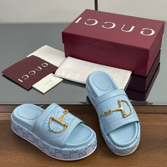 HIGH 5.5 CM WEDGE SANDALS IN BLUE CALFSKIN AND FABRIC