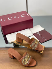 HIGH HEEL MULE 5.5 CM IN BROWN CALFSKIN MIX FABRIC AND GOLD HARDWARE