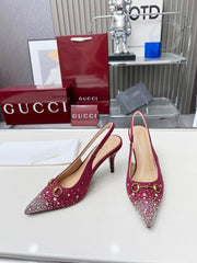 HORSEBIT SLINGBACKS IN CHERRY RED MONOGRAM FABRIC WITH CRYSTALS