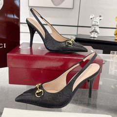 GG HIGH SLINGBACK 10.5 CM IN BLACK GLOSSY EMBOSSED SUEDE AND SHEEPSKIN LINING