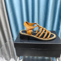 HIGH SANDALS WITH THREE STRAPS IN OCHRE YELLOW CALFSKIN