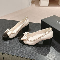 BOWKNOT HIGH HEELS IN WHITE MIX BLACK SHEEPSKIN