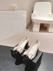 BOWKNOT HIGH HEELS IN WHITE MIX BLACK SHEEPSKIN