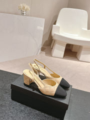 HIGH SLINGBACKS IN BEIGE CREAM LAMBSKIN AND BLACK SATIN