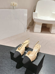 HIGH SLINGBACKS IN BEIGE CREAM LAMBSKIN AND BLACK SATIN