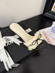 WHITE GROSGRAIN CANVAS BOW MULE SANDALS 65 MM