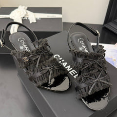 BLACK GROSGRAIN CANVAS BOW SLINGBACK SANDALS 65 MM