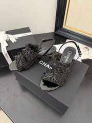 BLACK GROSGRAIN CANVAS BOW SLINGBACK SANDALS 65 MM