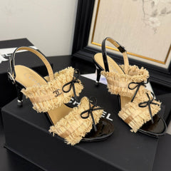 SAND YELLOW GROSGRAIN CANVAS BOW SLINGBACK SANDALS