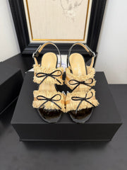 SAND YELLOW GROSGRAIN CANVAS BOW SLINGBACK SANDALS