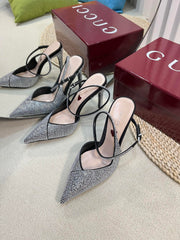 HIGH SLINGBACK 10 CM IN BLACK SILK WITH FULL RHINSTONES