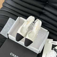 HIGH SLINGBACK IN WHITE TWEED AND BLACK LAMBSKIN