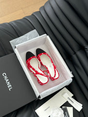 HIGH SLINGBACK IN CHERRY RED TWEED AND BLACK LAMBSKIN