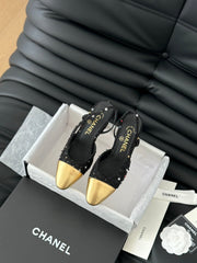 HIGH SLINGBACK IN BLACK TWEED AND GOLDEN LAMBSKIN