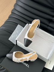 HIGH SLINGBACK IN BEIGE TWEED AND BLACK LAMBSKIN