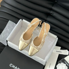 HIGH SLINGBACK IN BEIGE CREAM TWEED AND GOLDEN LAMBSKIN