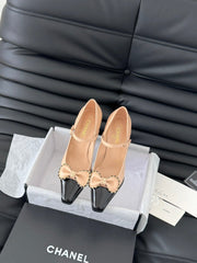 CC POINTED TOE HIGH HEELS IN SEPIA BEIGE MIX BLACK LAMBSKIN GOLD HARDWARE