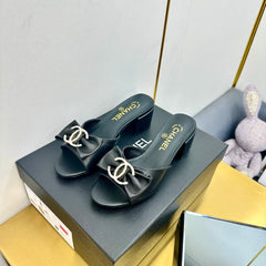 BOWKNOT RHINESTONES MID HEEL MULE IN BLACK CALFSKIN