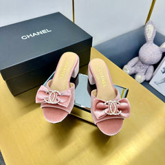 BOWKNOT RHINESTONES MID HEEL MULE IN LIGHT PINK VELVET