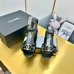 BOWKNOT RHINESTONES MID HEEL SANDAL IN BLACK CALFSKIN