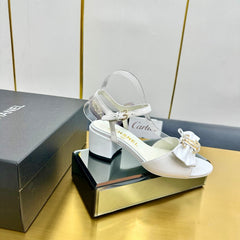 BOWKNOT RHINESTONES MID HEEL SANDAL IN WHITE LAMBSKIN