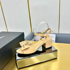 BOWKNOT RHINESTONES MID HEEL SANDAL IN FLAX YELLOW LAMBSKIN